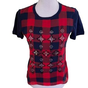 J. Crew Navy Blue and Red Buffalo Plaid Embellished Tee Shirt XXS